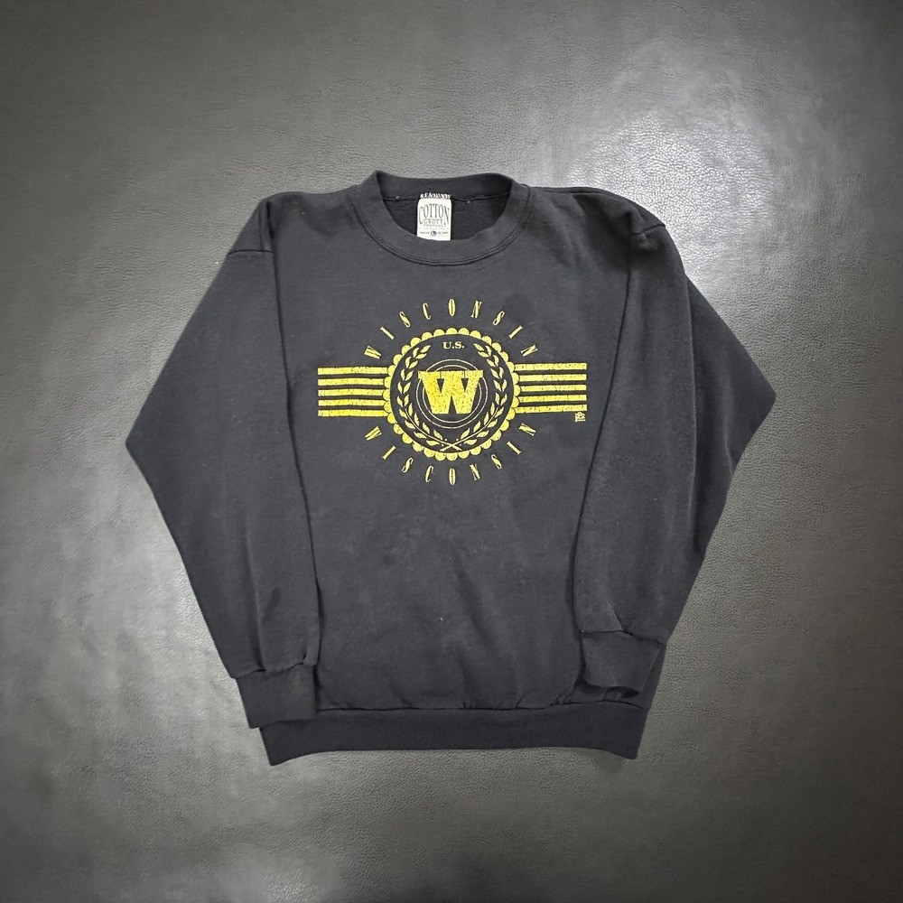 Vtg 1990s Sweatshirt Mens Large Black Wisconsin Faded Made in USA Single Stitch